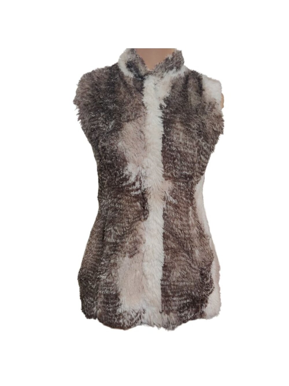 Cabi XS Faux Fur Zip Aspen Vest Brown Cream Plush Textured Mob Wife Winter Chic